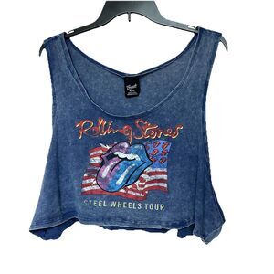 Rolling Stones Steel Wheels Tour Cropped Tank Tee Shirt XL Blue Concert Festival
